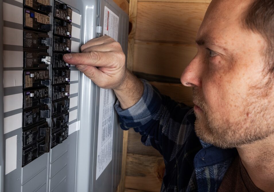 Electrician inspecting a home electrical panel after repeated circuit breaker trips