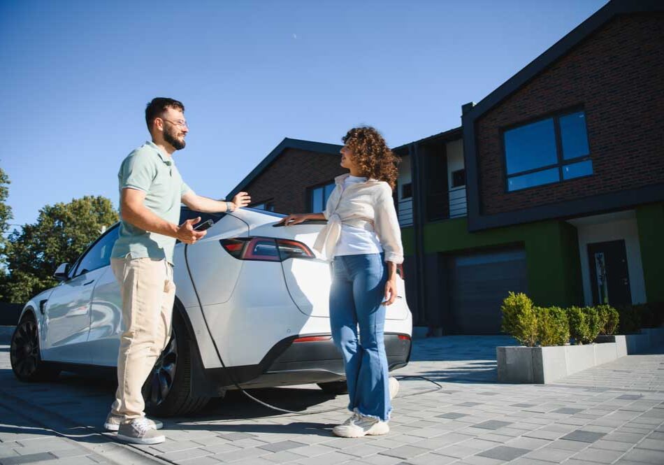 EV pulling up in a driveway