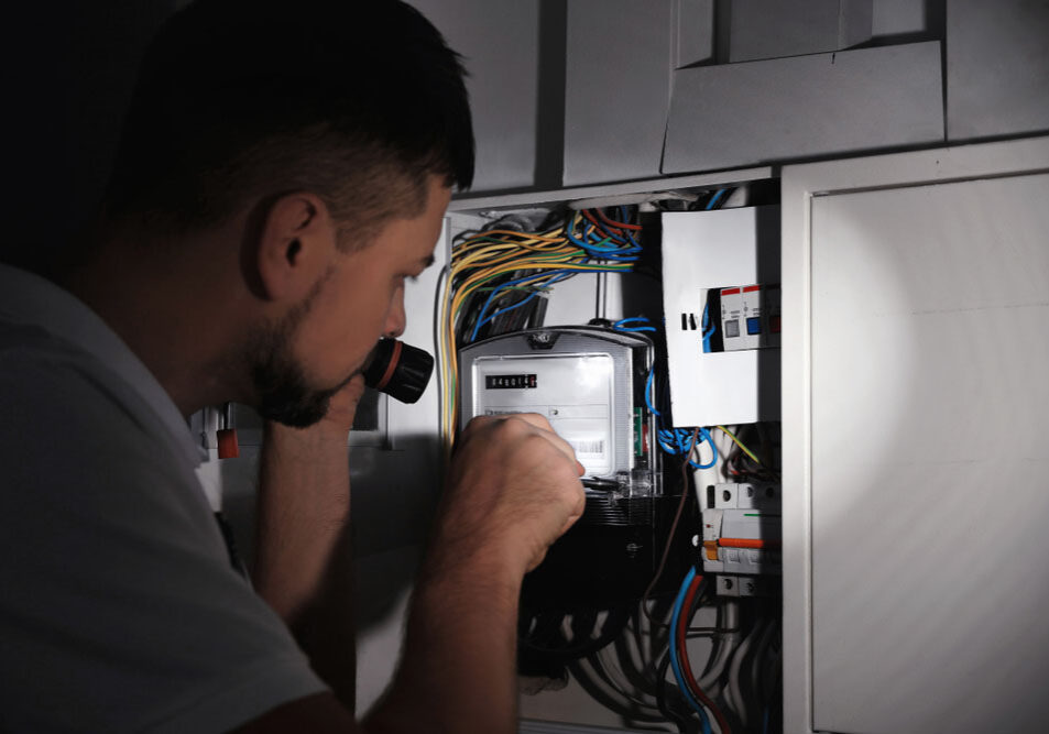 homeowner holding a flashlight (looking at electrical wiring)