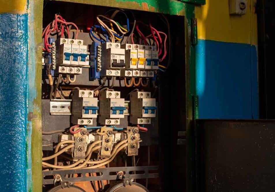 outdated breaker panel with labels